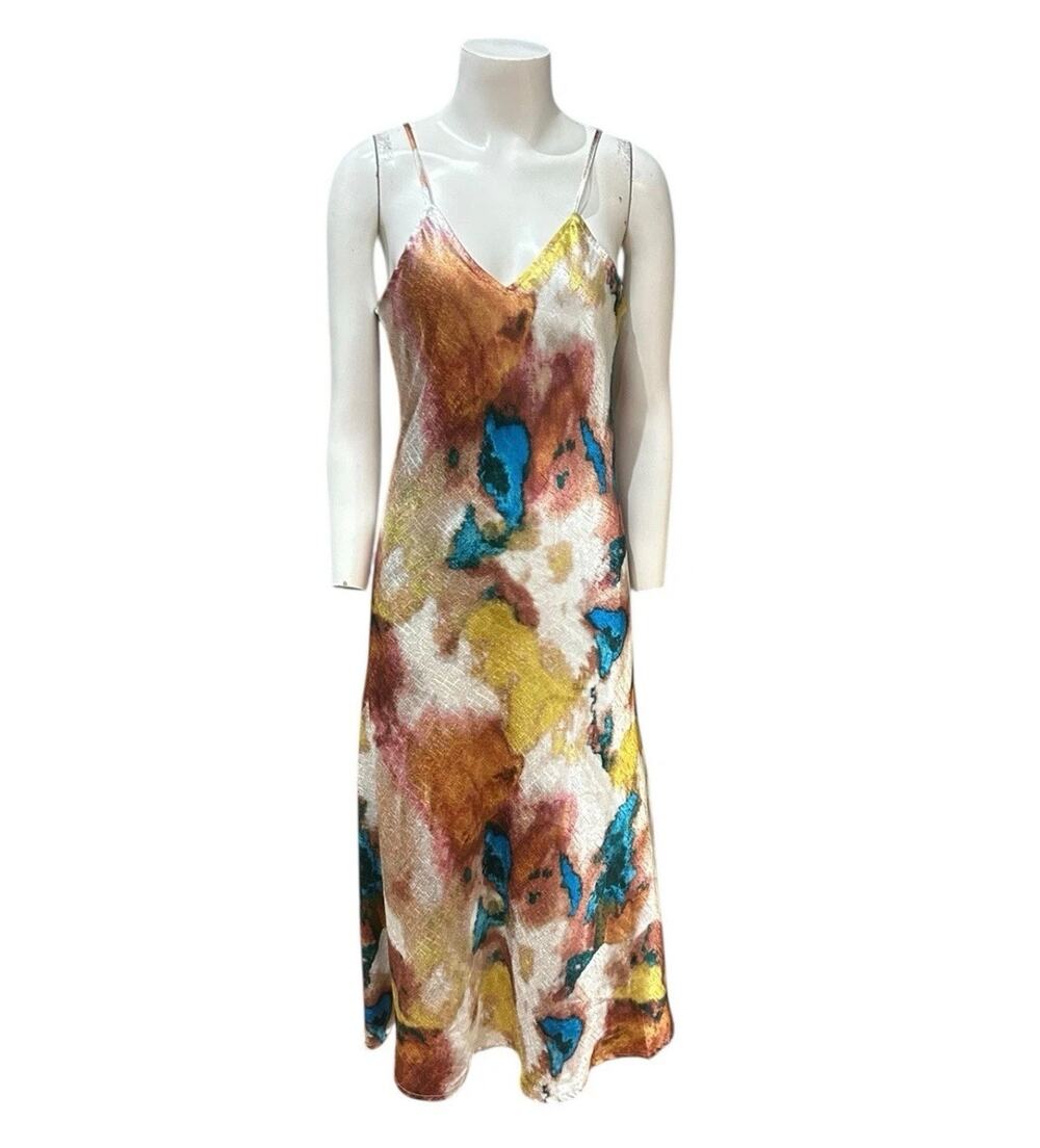 Y2K Abstract Satin Slip Dress Midi Bias Cut Art Print Coquette Fairy Grunge L -